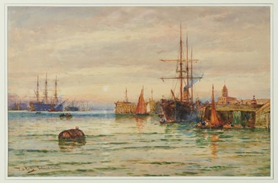 Lot 566 - Thomas Bush Hardy, 1842-1897, watercolours, A view of Portsmouth Harbour with HMS Victory across the bay, signed and inscribed, in gilt frame, 32 x 50cm