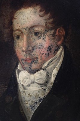 Lot 568 - French School, oval oil on metal, a young gentlemen wearing a bow tie, unframed, 43 x 34cm