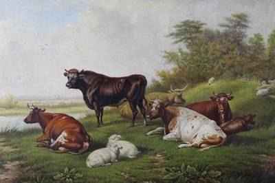 Lot 570 - William Eddowes Turner 1820-1885, oil on canvas, a river landscape with a bull, cattle and sheep resting in the foreground, signed and dated 1876, in gilt frame, 57 x 85cm
