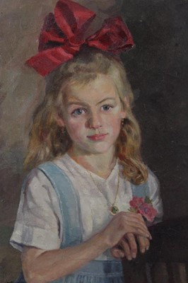 Lot 605 - Edwardian School, oil on canvas, a pretty young lady with a ribbon in her hair, indistinctly signed, in gilt frame, 51 x 38cm