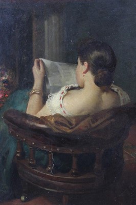 Lot 606 - English School, mid 19th century, oil on paper laid on board, interior scene with a young lady seated before a fire and reading a letter, unframed, 36 x 26cm
