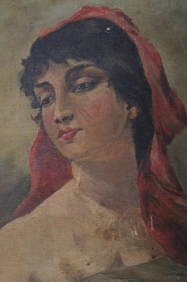 Lot 571 - Italian School 19th century, oil on canvas, a bust portrait of a lady, in a fine carved Florentine frame, 22 x 18cm