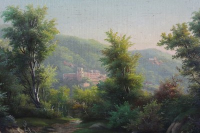 Lot 607 - German School, mid 19th century, oil on panel, a hilly wooded landscape with a castle, indistinctly signed, inscribed and dated 1856, in gilt frame, 17 x25cm
