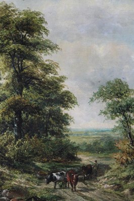 Lot 608 - H W Reed, late 19th century, oil on board, wooded scene with a herdsman and his cattle on a path by a pond, signed, 49 x 39cm