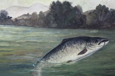 Lot 572 - Pair 19th century English School, oils on canvas, river landscapes with salmon leaping, unframed, 36 x 54cm each