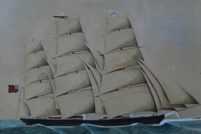 Lot 618 - 19th century watercolour and cut paper depicting a three masted British ship at sea, in glazed maple veneered frame