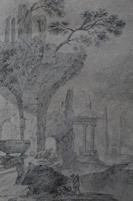 Lot 621 - Pair of 18th century Italian monochrome ink and watercolours - classical landscapes, in glazed frames