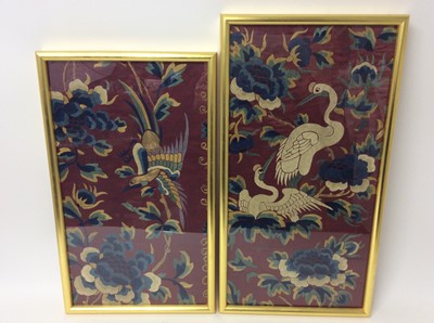 Lot 477 - Near pair of 19th century Chinese silk panels in glazed frames