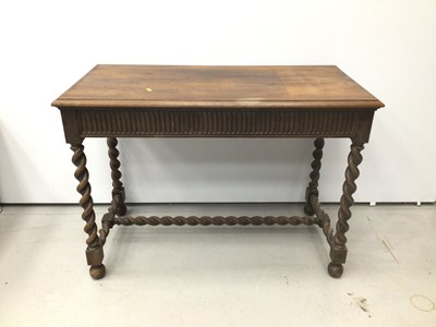 Lot 54 - 1920s oak hall table with barley twist stretcher, together with two chairs
