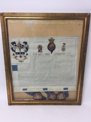 Lot 478 - Rare Georgian grant of Arms document on vellum for Gilbert Blane after his creation as a baronet by The Prince Regent in 1812. The document lists Blanes achievements as Physician to The Prince Rege...