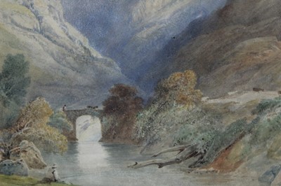 Lot 584 - Samuel Jackson (1794-1869) watercolour - mountainous river landscape with a figure fishing, apparently unsigned, in glazed gilt frame, 17.5cm x 22cm