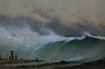 Lot 586 - Arderne Clarence (1882-1966) pair of watercolours - Coastal Landscapes, signed, 17.5cm x 30cm, together with another of waves breaking on the shore, 11.5cm x 24cm, each in glazed gilt frame (3)
