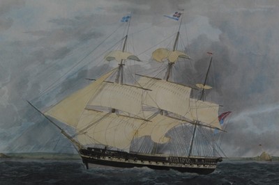 Lot 591 - Group of naval watercolours, engravings and prints to include: watercolour of H.M.S. Nelson, Peter Adams watercolour depicting H.M.S. Hedingham Castle, engraving after Huggins of H.M.S. Winchester,...