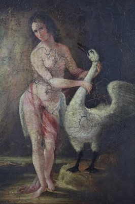 Lot 624 - 18th century oil on canvas laid on board - Leda and the Swan, in gilt frame