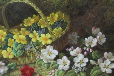 Lot 633 - R. Caspers, oil on panel - still life of primroses on a mossy bank, signed, in burrwood veneered frame