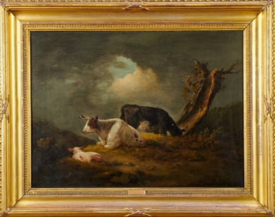 Lot 616 - Late 18th century, English School, oil on canvas - cattle at rest in a stormy landscape, in gilt frame, 43.5cm x 59cm