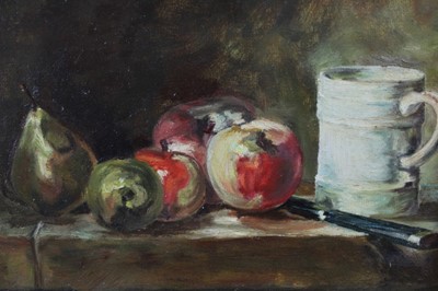 Lot 617 - After Jean-Baptiste Chardin (1697-1779) oil on board - still life of fruit and a mug on a ledge, inscribed verso, in good antique gilt gesso frame, 18.5cm x 22cm