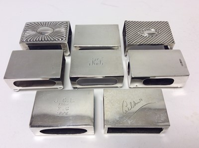 Lot 146 - Late Victorian silver match box cover of conventional form, with engraved initials (London 1898), together with seven other silver match box covers (various dates and makers) all at approximately 1...