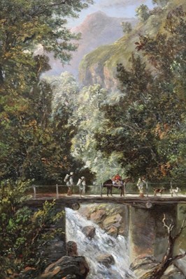 Lot 668 - 19th century, Continental School, oil on canvas - figures on a bridge over a ravine, indistinctly signed, in gilt frame, 44cm x 29cm