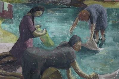 Lot 681 - Priscilla Hanbury oil on board - Wash Day, inscribed verso, framed