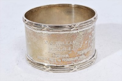 Lot 276 - First World War interest- Edwardian silver napkin ring, engraved 'R. J. Willan' and with the names of First World War Hospital ships 'H.M.H.S. Drina, Plassey, Karapara and Haslar' (London 1909)