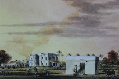 Lot 684 - Anglo-Indian School, mid 19th century, pen, ink and watercolour - gardeners in the grounds of a colonial house, inscribed 'Drawn by A.M 6th January 56', in glazed gilt frame, 22cm x 32cm