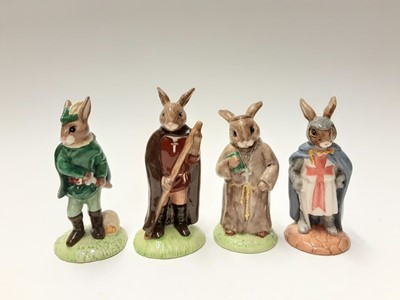 Lot 92 - Royal Doulton Bunnykins Robin Hood Collection base, with Robin Hood DB244, Maid Marion DB245, Will Scarlett DB264, Sheriff of Nottingham DB265, King Richard DB258; Friar Tuck DB246, Little John DB2...
