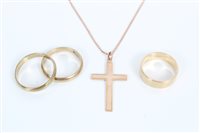Lot 3370 - Gold (9ct) wedding ring, rose gold (9ct) cross...