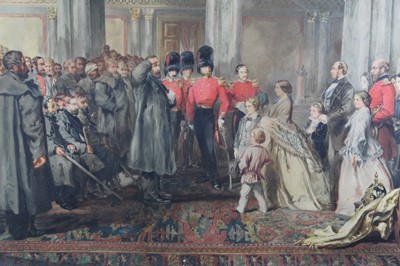 Lot 688 - Large Victorian print after John Gilbert depicting Queen Victoria inspecting wounded Coldstream Guardsmen in the Hall of Buckingham Palace, 22 February 1855, in glazed gilt frame