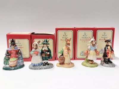 Lot 102 - Royal Doulton Bunnykins Limited Edition Pilgrim DB212 1624/2500, Dutch DB274 558/2000, Samuri DB280 157/2000, Town Crier DB269 904/2500 & Witches Cauldron DB293 1022/1500, boxed