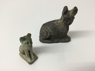 Lot 511 - Ancient Egyptian amulet of Bastet in cat form, c.1000-332 BC, and a 19th/20th century Egyptian Grand Tour cat amulet, the largest measuring 4.25cm height