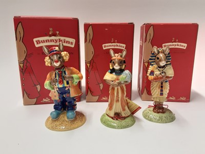 Lot 119 - Royal Doulton Bunnykins Collector's Club Ankhesen DB295, Tutankhamen DB296 & Clarence The Clown DB332, boxed