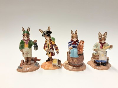 Lot 96 - Royal Doulton Bunnykins The Shipmates Collection Captain DB319, Boatswain DB323, Pirate DB321, Cabin Boy DB324, seaman DB322, Captains Wife DB320 & Ship's Cook DB325, plus base, boxed