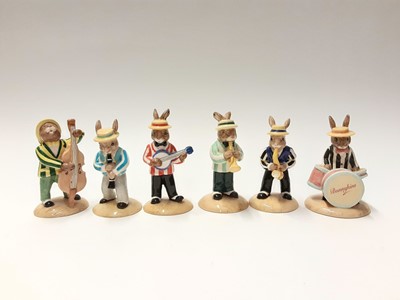 Lot 95 - Royal Doulton Bunnykins Limited Edition The Jazz Band Collection Clarinet Player DB184 1670/2500, Banjo Player DB182 2071/2500, Saxophonr Player DB186 1562/2500, Double Bass Player DB185 1840/2500,...