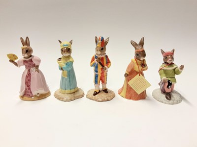 Lot 112 - Royal Doulton Bunnykins Collectors Club Cinderella DB231, Juliet DB283, Romeo DB284, plus The Punch &Judy Collection Limited Edition Mr Punch DB234 541/2500 & Judy DB235 704/2500, no boxes