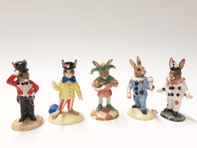 Lot 109 - Royal Doulton Bunnykins Limited Edition Ringmaster DB165, Joker DB171, Clown DB128, Jester DB181 & Juggler DB164, no boxes