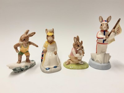 Lot 107 - Royal Doulton Bunnykins Limited Edition Sydney 2000 DB216 1672/2500, Britannia DB219 1608/2500, Tennis DB278 86/3000, plus Aussie Surfer DB133, no boxes