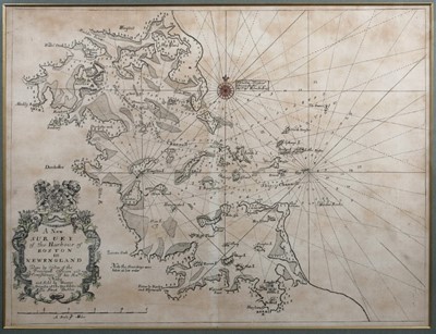Lot 645 - Rare chart of Boston Harbour, c.1749, published by George Grierson for ‘The English Pilot’, entitled ‘A New Survey of Boston in Newengland’, coloured in places, framed and glazed, 530mm x 415mm (im...