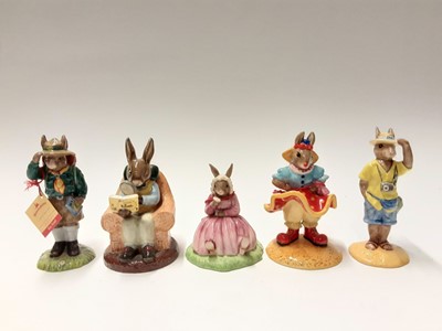 Lot 105 - Royal Doulton Bunnykins Collectors Club Tourist DB190, Polly DB402, Boy Scout DB430, Clarissa the Clown DB331 & Collector DB54, no boxes