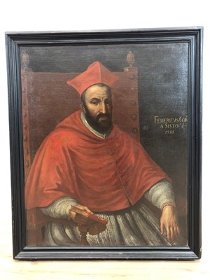 Lot 692 - Italian School, 16th/17th century, oil on canvas - portrait of Cardinal Frederico Cornaro, seated in his robes and clutching a book, inscribed and with date for 1586, in ebonised frame, 101cm x 83c...