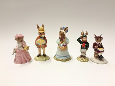 Lot 97 - Royal Doulton Bunnykins Easter Parade Mrs Bunnykins DB19 & Mr Bunnykins DB18, plus The Nursery Rhyme Collection Little Boy Blue DB239, Little Bo Peep DB220, Wee Willie Winkie DB270, Jack & Jill DB2...