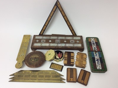 Lot 503 - Collection of cribbage boards, including a Japanese cloisonne example, a mother of pearl inlaid example and others, along with a box of bone cribbage markers and assorted whist markers