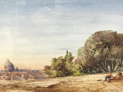 Lot 695 - Gabriel Carelli (1820-1900) watercolour - Vie of Rome, signed, in glazed gilt frame, 16.5cm x 34.5cm
