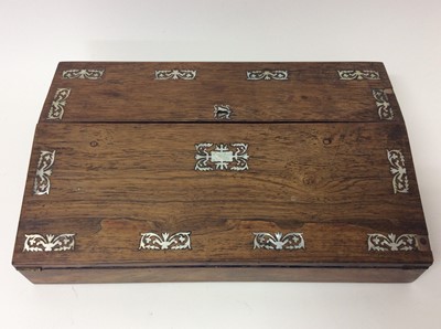 Lot 505 - Late Georgian mother-of-pearl inlaid rosewood writing slope with blue velvet interior, dated 1831, 40.5cm width x 9cm height x 25cm depth