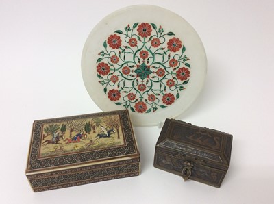 Lot 519 - Three Middle Eastern items, including an inlaid hardstone dish, an inlaid and relief-decorated box, possibly Pakistani, and a mixed metal casket, probably Egyptian, the dish measuring 17.5cm diamet...