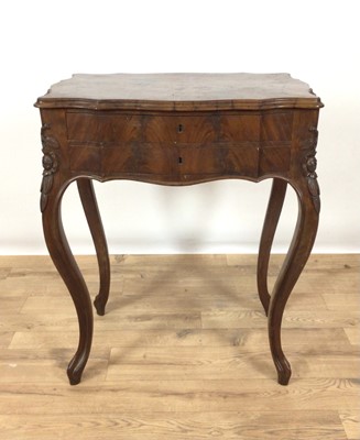 Lot 1004 - Late 19th century mahogany sewing table, the moulded shaped rectangular top above two drawers, carved foliate mounts and cabriole legs, 65cm wide x 46cm deep x 76cm high
