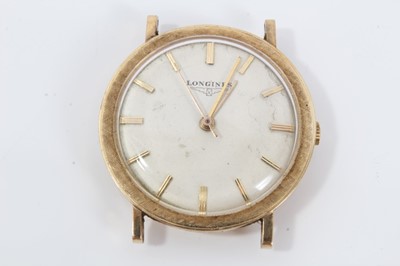 Lot 353 - 1960s gentlemen's 14K gold Longines wristwatch wit manual wind movement, circular dial with applied gold baton hour markers, central seconds and gold hands, the gold bezel with engine turned decora...