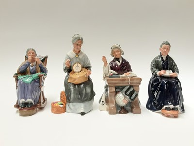 Lot 58 - Four Royal Doulton figures - The Cup Of Tea HN2322, Schoolmarm HN2223, A Stitch In Time HN2352 and Embroidering HN2855