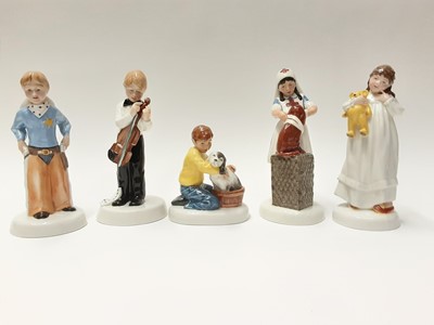 Lot 63 - Five Royal Doulton Childhood Days figures - Please Keep Still HN2967, I'm Nearly Ready HN2976, Stick 'Em Up HN2981, And So To Bed HN2966 and It Won't Hurt HN2963