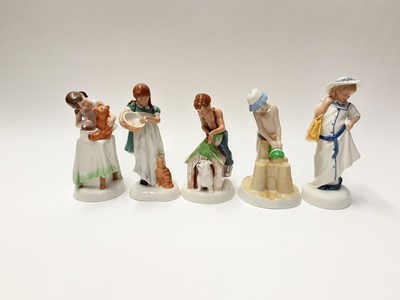 Lot 64 - Five Royal Doulton Childhood Days figures - And One For You HN2970, Just One More HN2980, As Good As New HN2971, Dressing Up HN2964 and Save Some For Me HN2959